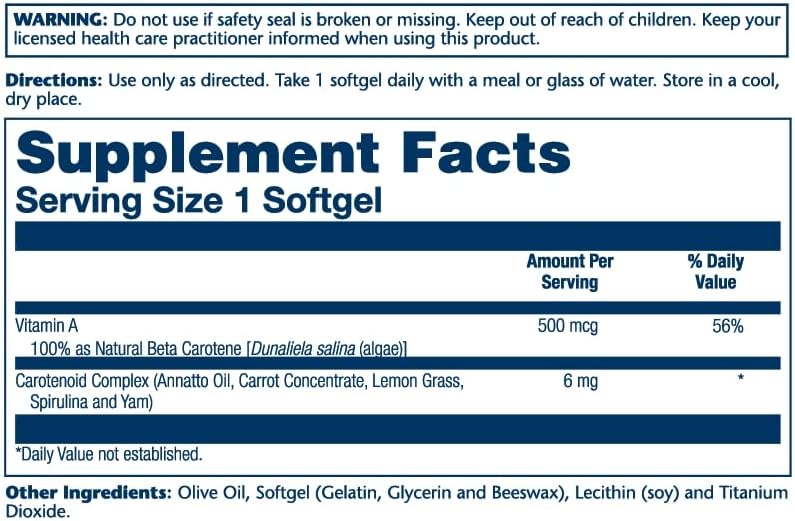 SOLARAY Caroteno alimentario, vitamina A 10000 UI  Piel saludable, ojos, antioxidantes y apoyo inmunológico (100 unidades)  Paquete de 2