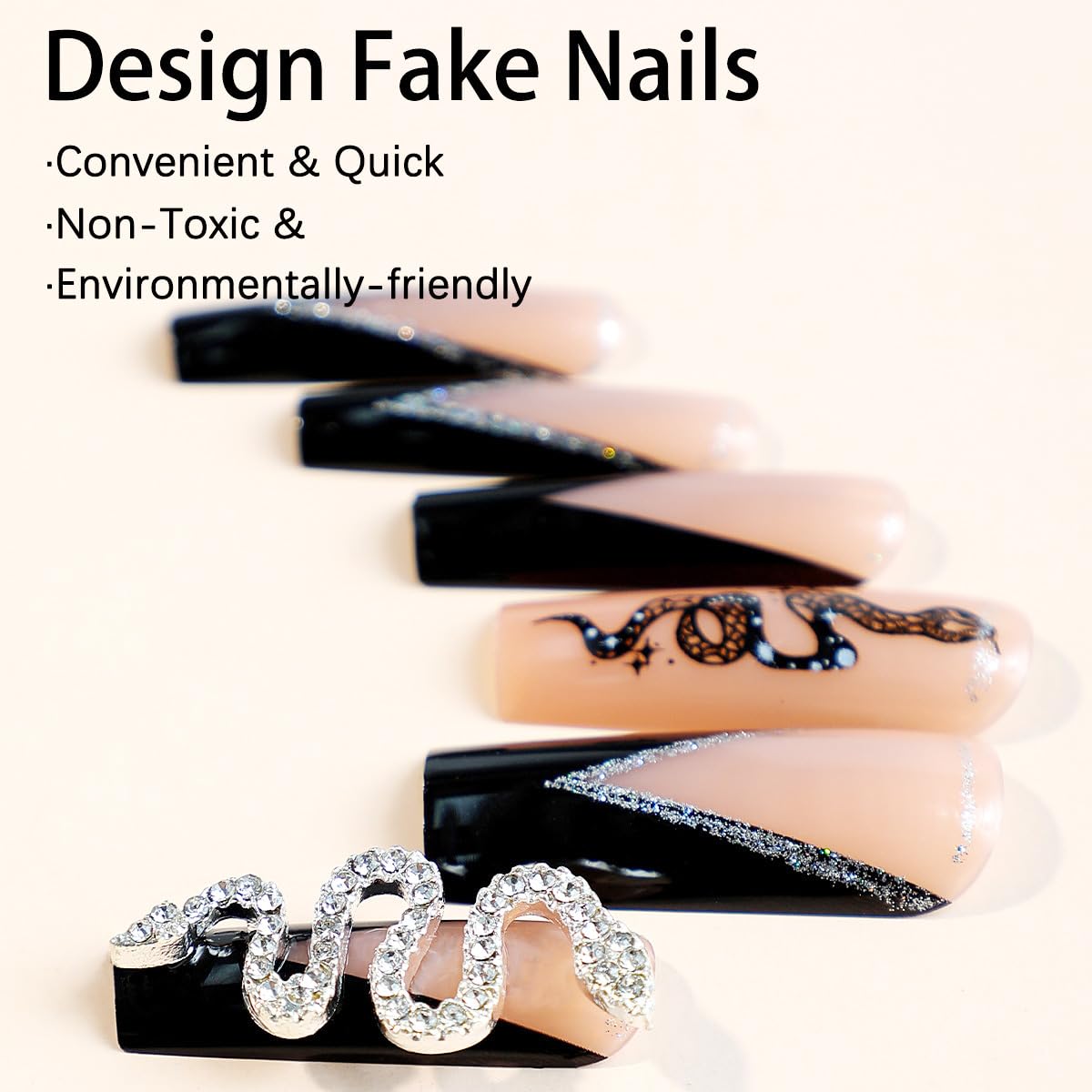 Uñas postizas negras con punta francesa a presión, uñas postizas largas cuadradas con pegamento de diamantes de imitación, uñas postizas brillantes