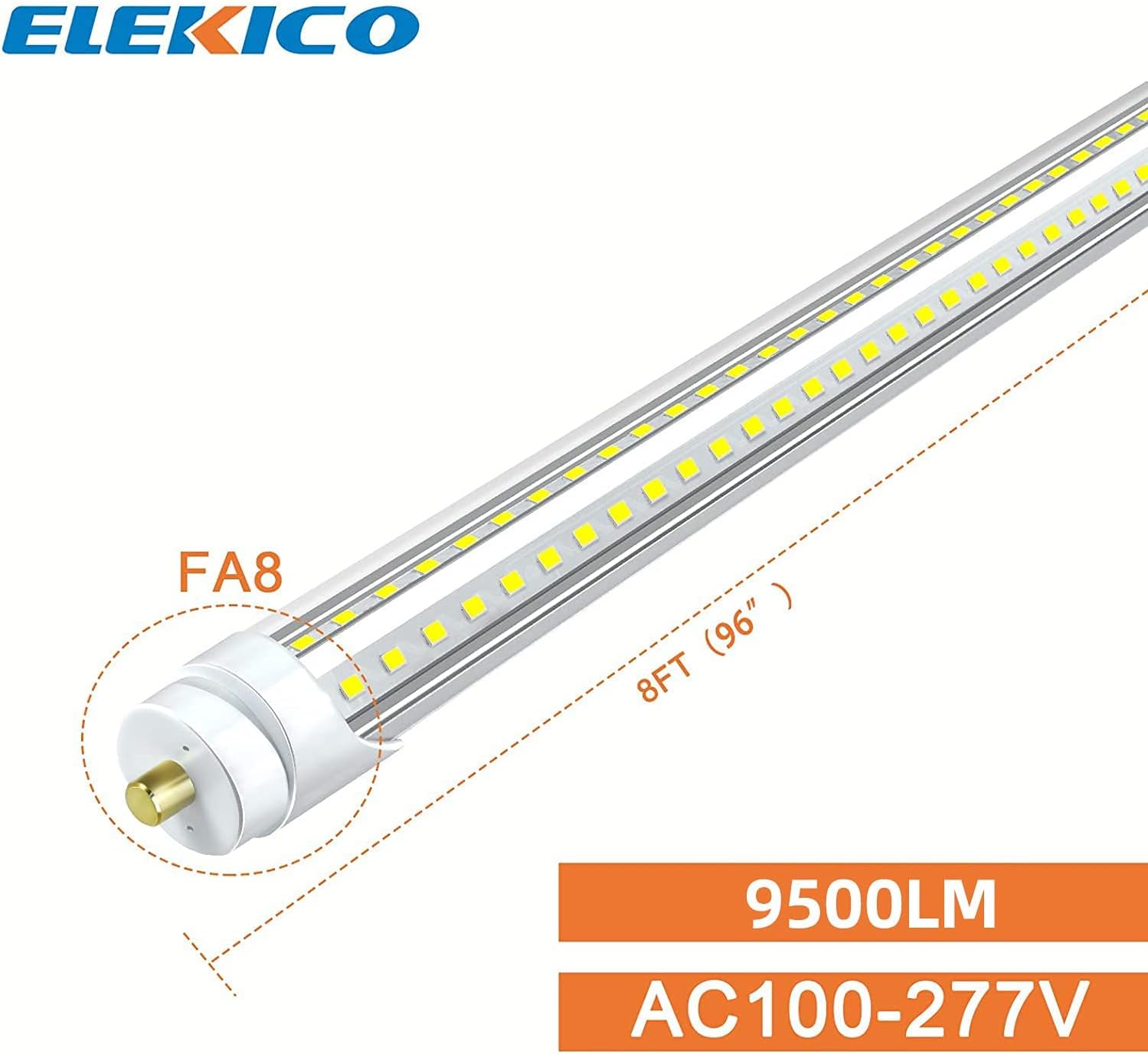 ELEKICO Bombillas LED de 8 pies, 5000 K, 75 W, 9500 lm, 8 pies, bombillas LED de tienda FA8, base de un solo pin en forma de V, cubierta