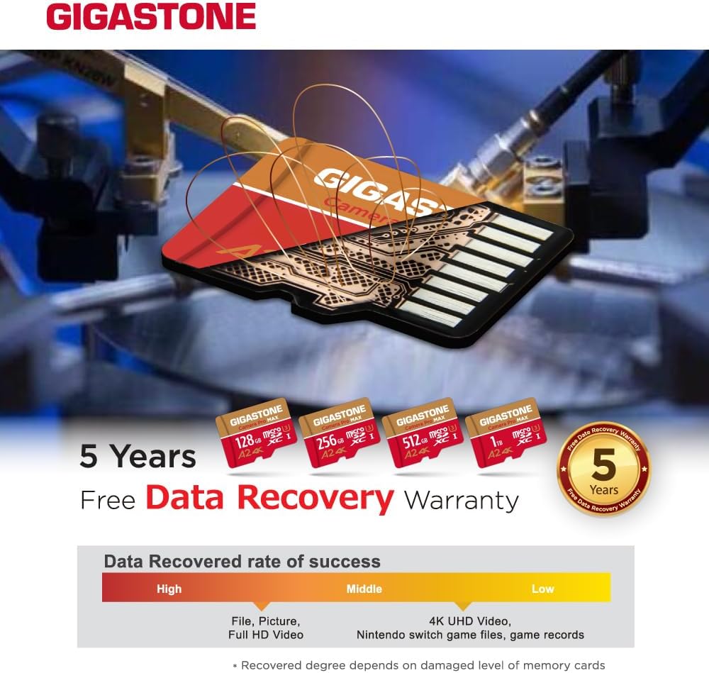 Recuperación de datos gratuita de 5 años GIGASTONE Tarjeta Micro SD de 256 GB, cámara 4K Pro MAX, tarjeta de memoria MicroSDXC A2 V30 para