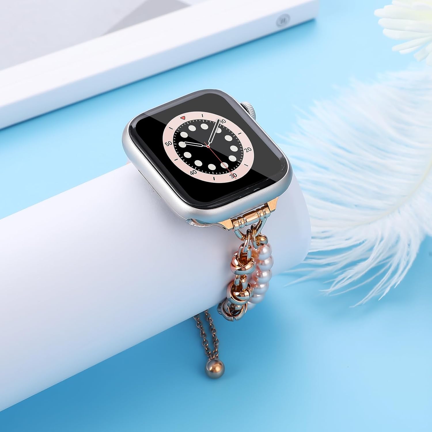 Correa de lujo con cuentas para Apple Watch Band de 1.496 in, 1.575 in, 1.614 in, 1.654 in, 1.772 in, 1.772 in para mujer, correa de repuesto