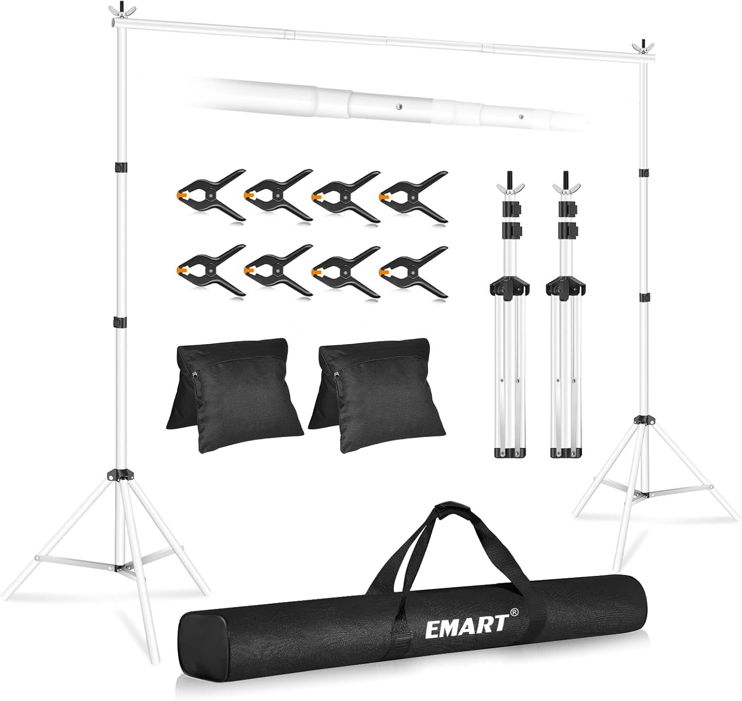 EMART Soporte de fondo ajustable de 10 x 7 pies (ancho x alto) para estudio fotográfico con 2 barras transversales, 8 abrazaderas de telón de fondo,