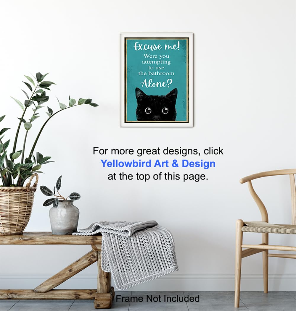 Funny Cat Restroom Sign LARGE 11×14 – Guest Bathroom Decor for Women – Small Bathroom Wall Art – Blue Bathroom Decorations – Unique Powder room
