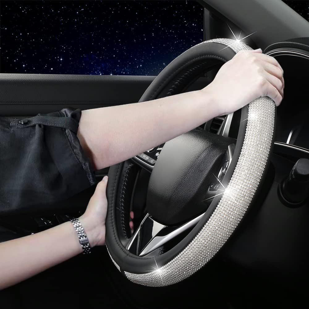 Genérico Bling – Rueda de cuero de diamante para mujeres y niñas con rinoceronas de cryal, ajuste universal para rueda de automóvil de 15 horas,