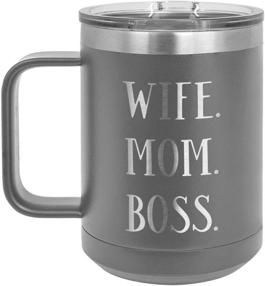 ONLYGIFTS.COM – Taza de café con tapa deslizante para mujer y hombre, diseño con texto en inglés “WIFE MOM BOSS B”, Gris