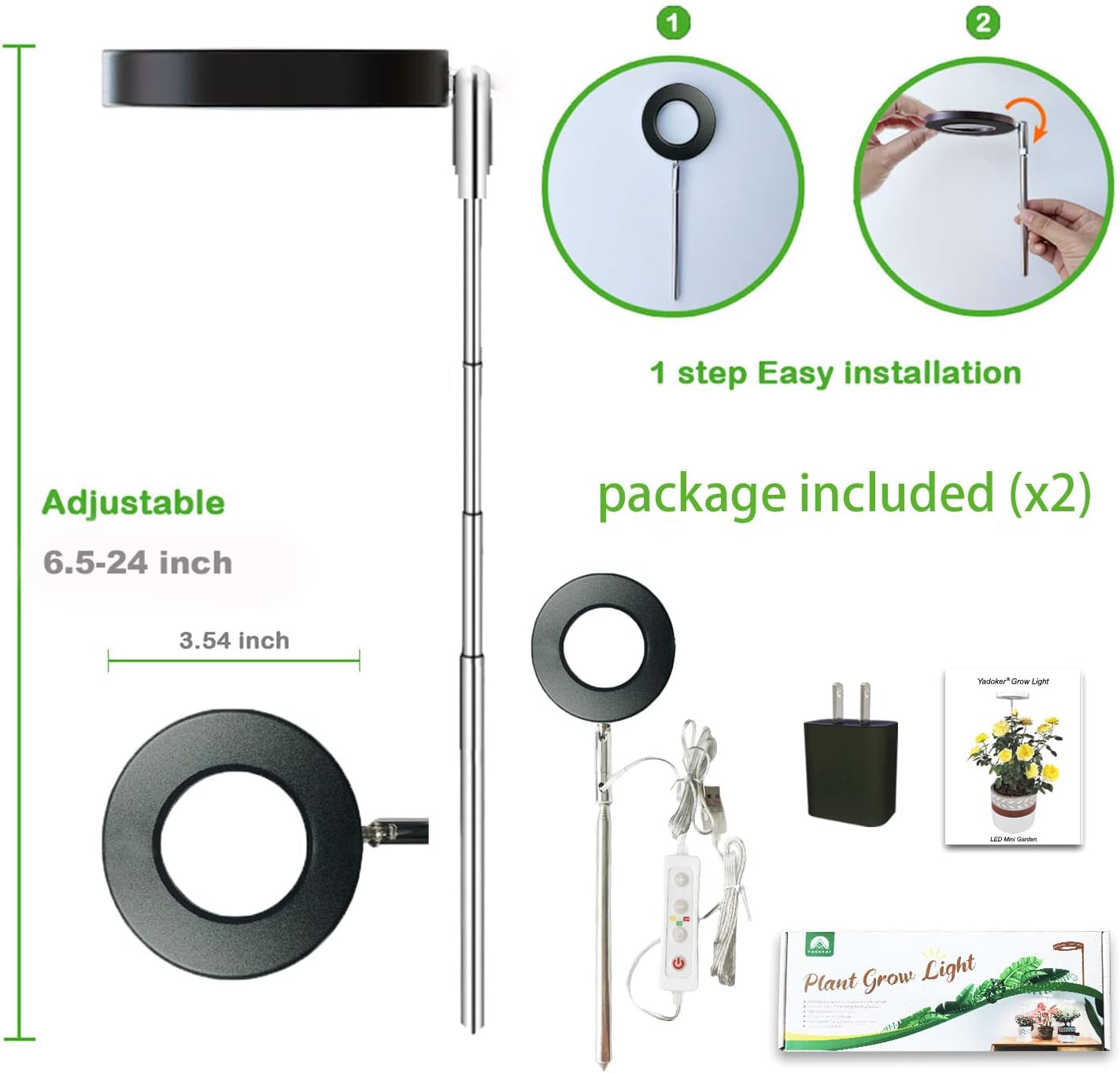 yadoker Luz de cultivo de plantas, luz LED de espectro completo para plantas de interior, altura ajustable, temporizador automático, bajo voltaje