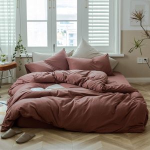 AMWAN – Juego de funda de edredón de color rojo ladrillo, tamaño King, de algodón de punto, estilo simple, colección de ropa de cama de color rojo AMWAN – Juego de funda de edredón de color rojo ladrillo, tamaño King, de algodón de punto, estilo simple, colección de ropa de cama de color rojo