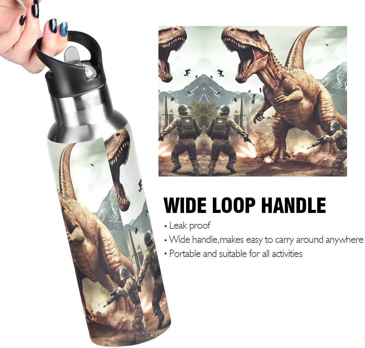 Botella de agua con popote 3D de dinosaurio T-Rex Disaster Dragon Lid termo para niños, termo de acero inoxidable aislado para agua, deportes, 20 oz