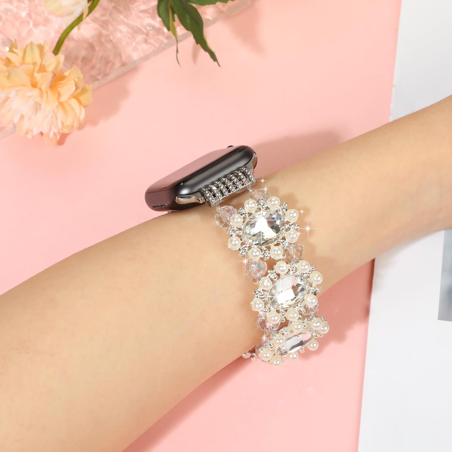 Pulsera de cuentas compatible con Apple Watch Band de 1.49, 1.57, 1.61, 1.65, 1.73, 1.77 y 1.73 pulgadas, correa duradera de metal con diamantes de
