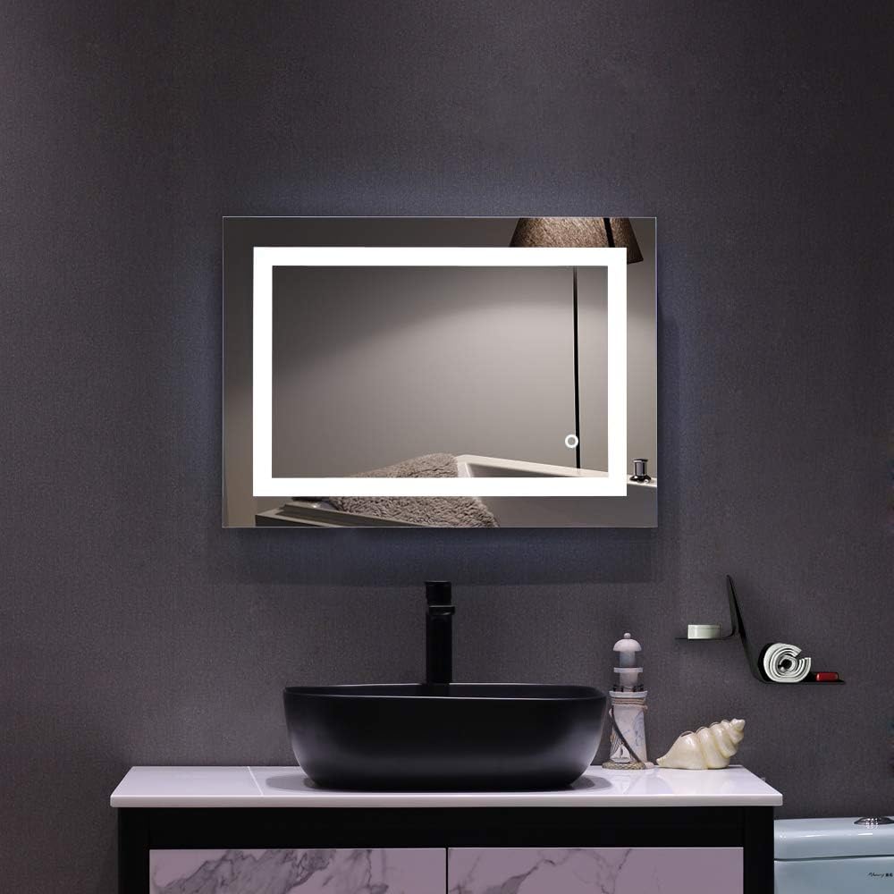 Tesmula gt2-LC – Espejo de baño con tira de luz cuadrada incorporada, 28 x 20 pulgadas, color plateado