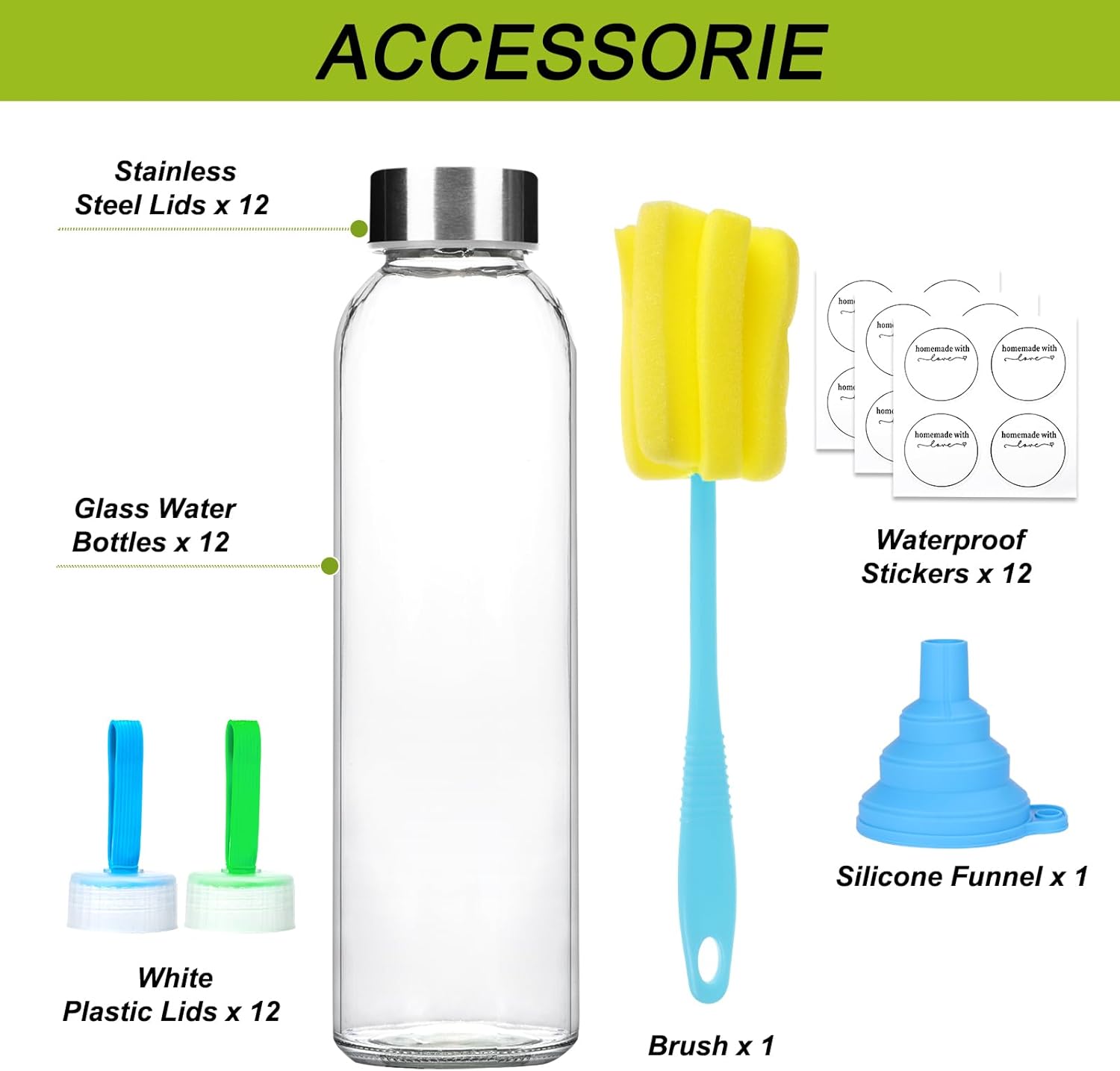 CUCUMI Botellas de jugo de vidrio de 18 onzas, 12 botellas de agua de vidrio con tapas de acero inoxidable, botellas de jugo reutilizables a granel