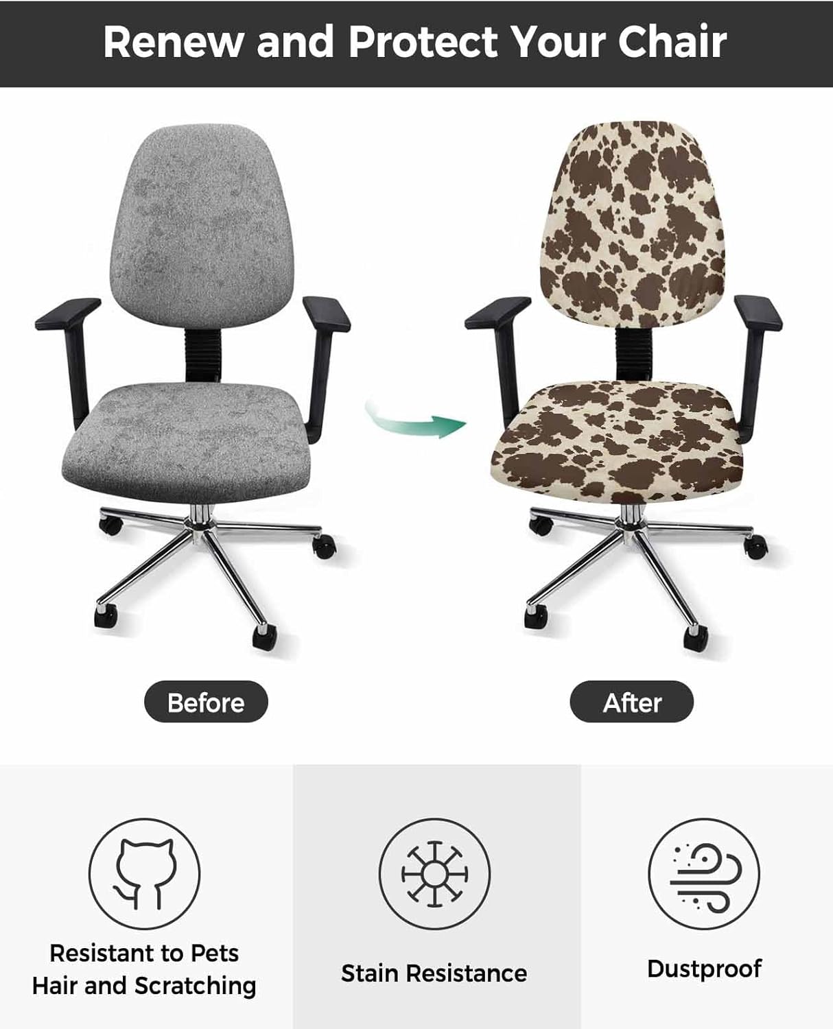 Vandarllin Funda para silla de oficina, piel de vaca marrón, elástica, universal, para computadora, escritorio, con graffie, lavable, extraíble,