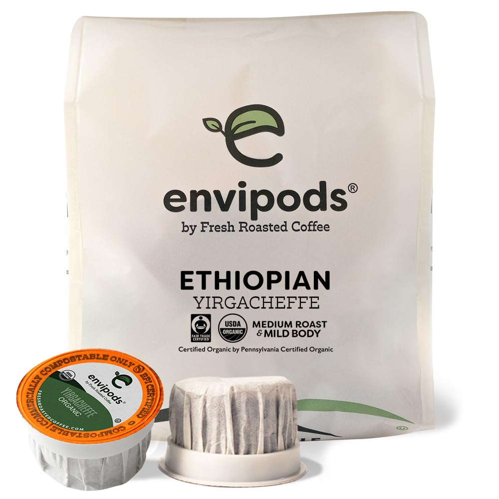 Fresh Roasted Coffee, Endípodas etíopes orgánicos, Kosher, de comercio justo, tostado medio, 12 unidades, compatible con cafeteras de taza de 1.0 y