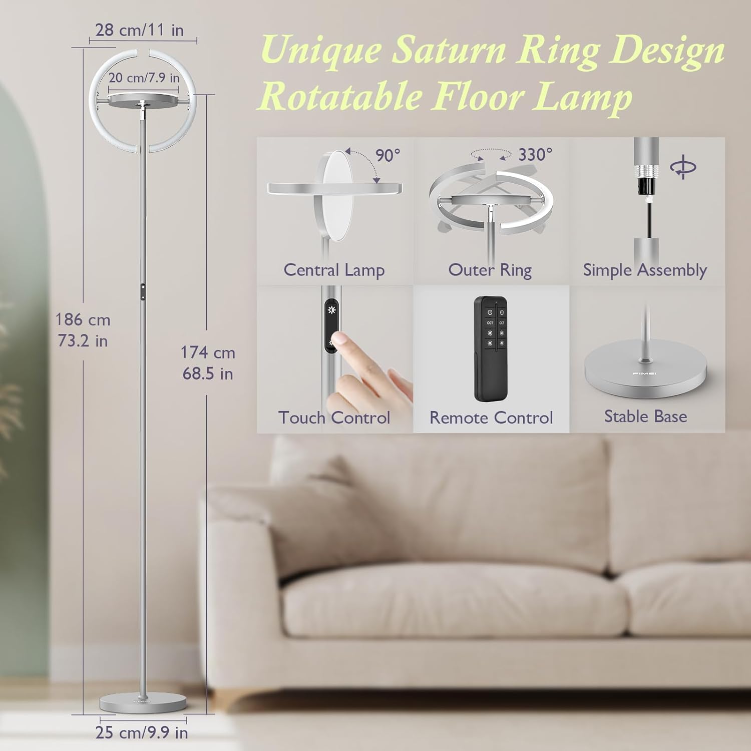 FIMEI Lámpara de pie LED moderna Saturn Ring diseño original, atenuación continua y temperatura de 3 colores, control giratorio e independiente de