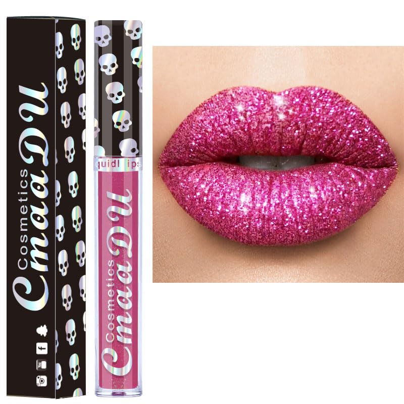 AKARY Lápiz labial líquido brillante de larga duración, diseño de calavera de diamante metálico con purpurina brillante, acabado brillante, brillo
