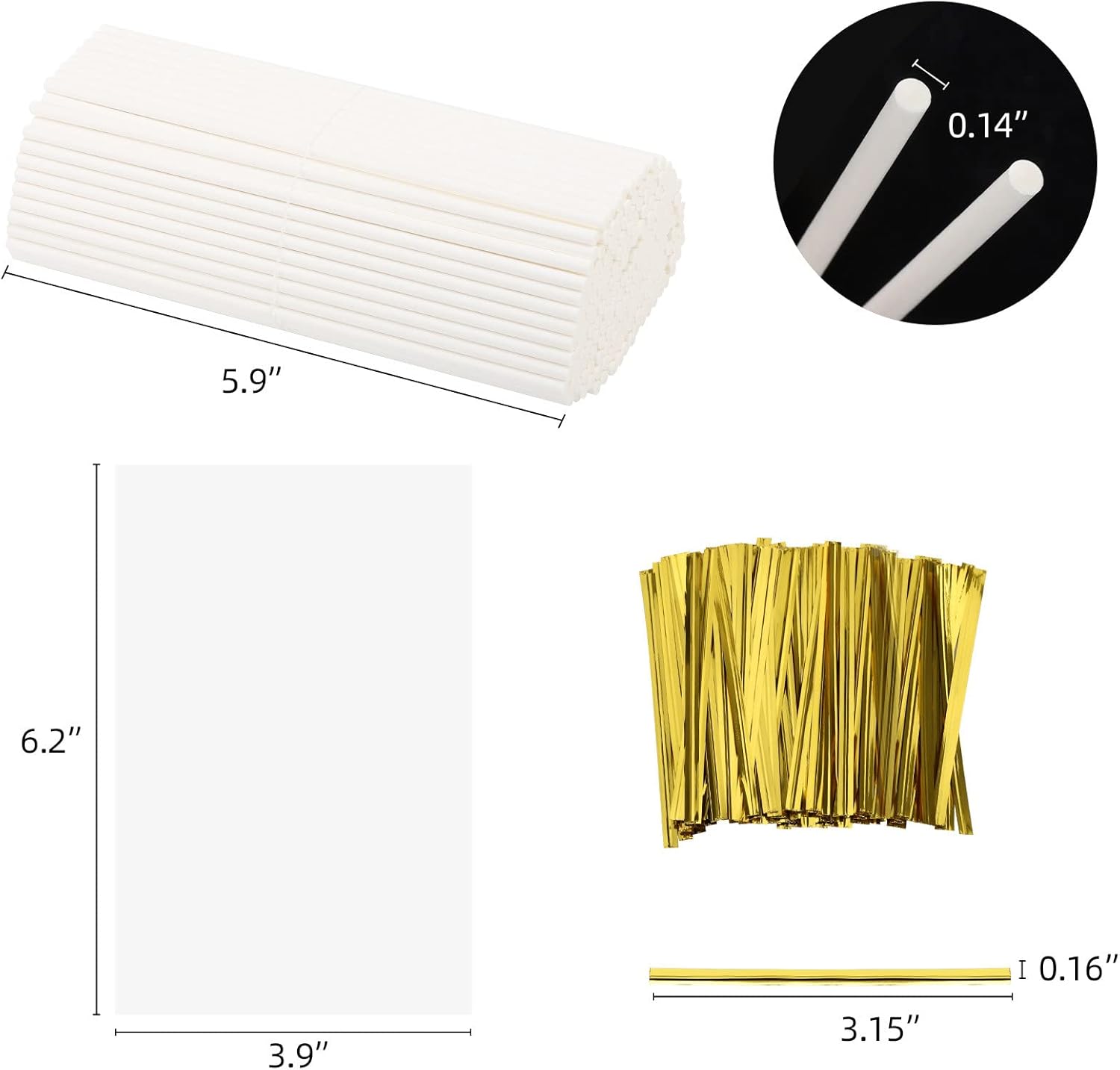 Juego de 600 palitos y envoltorios para tartas, incluye palitos de papel de 6 pulgadas, bolsas transparentes de 4 x 6 pulgadas y lazos dorados,