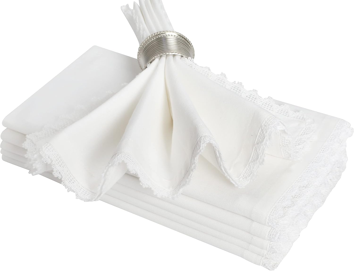 BEDDING CRAFT Juego de 6 servilletas de tela blanca de encaje 100% algodón, suaves, duraderas, lavables, ideales para eventos, bodas, Navidad,