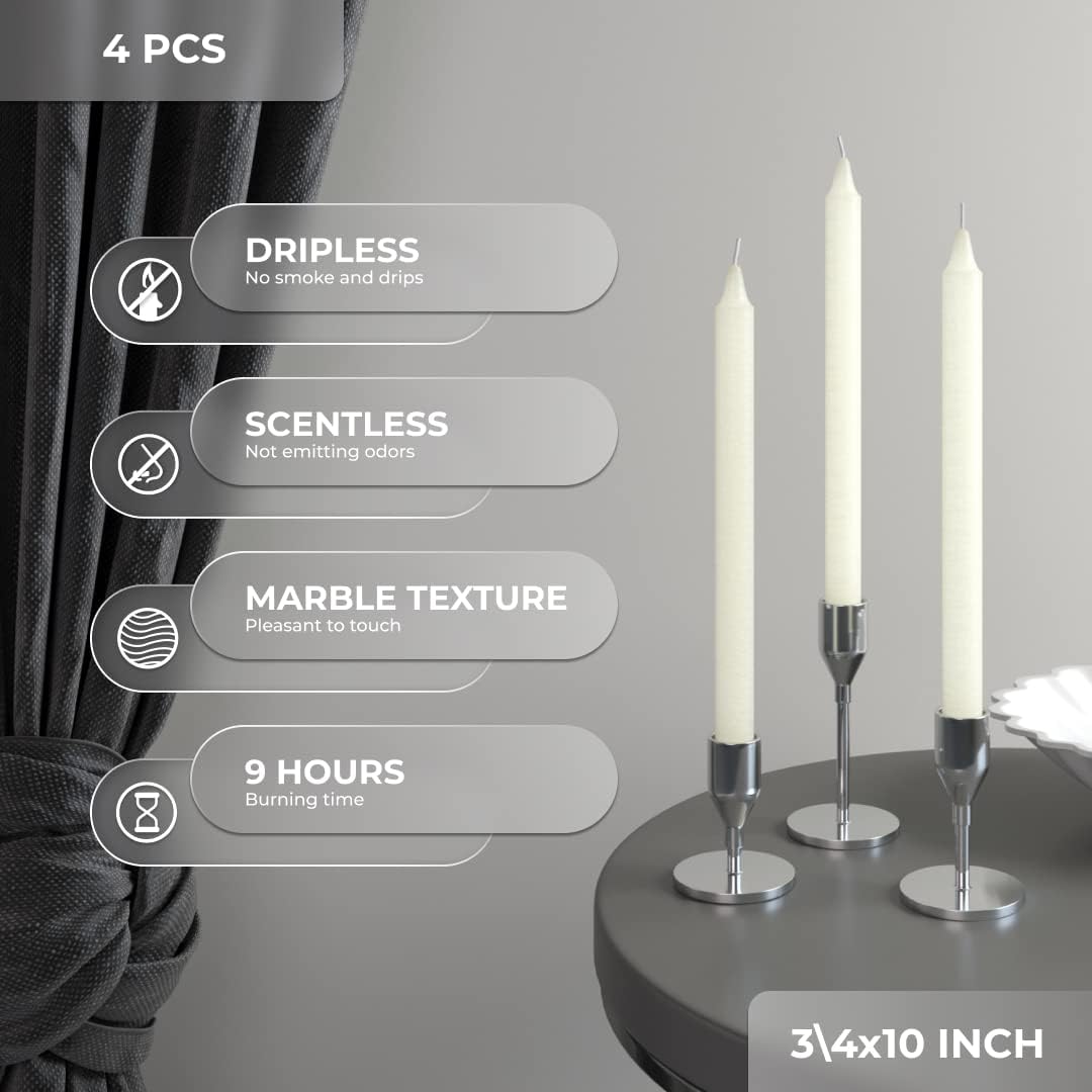 CANDWAX Paquete de 4 velas cónicas color marfil, velas rectas de 10 pulgadas, ideales como velas sin perfume, velas de cena y velas de mesa, velas