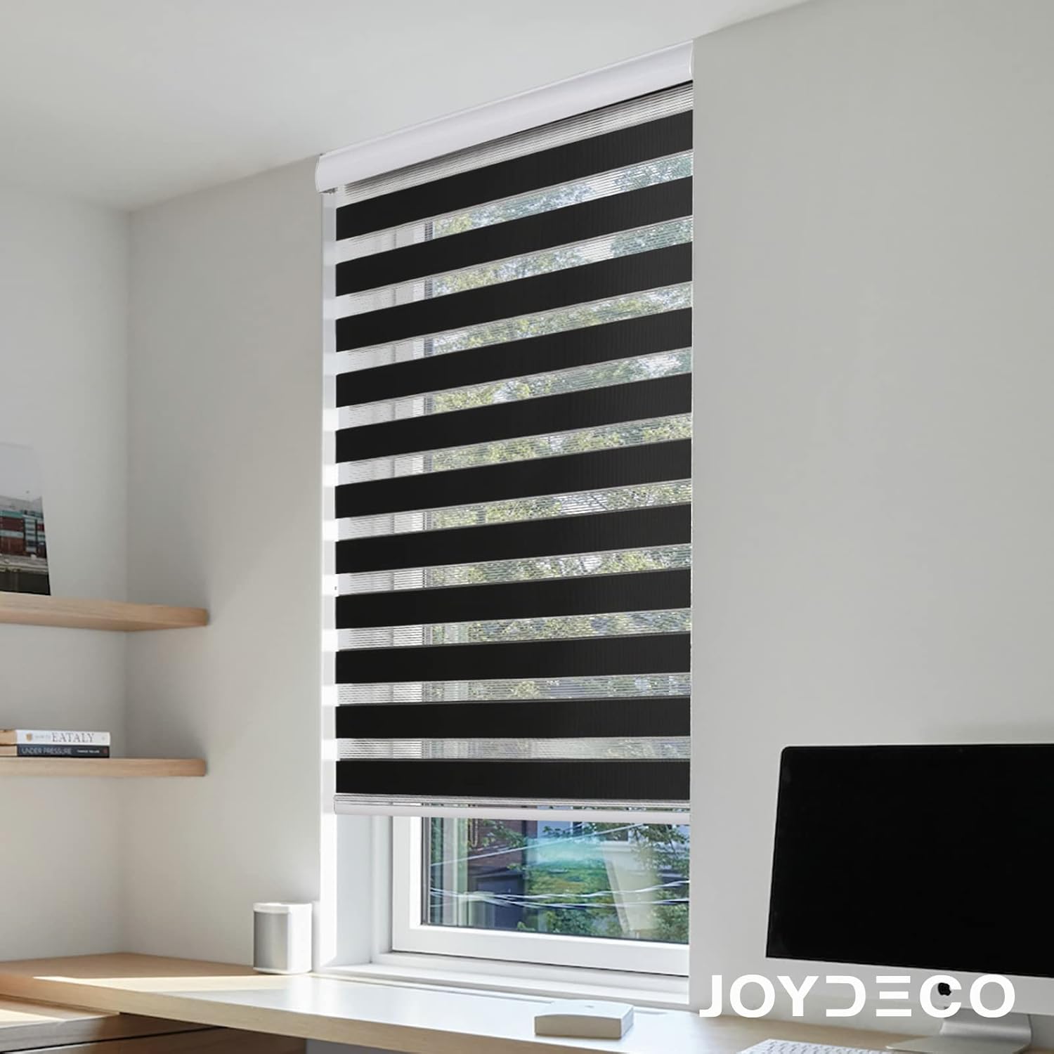 Joydeco Persianas sin cordones estilo cebra para ventanas, 35 pulgadas de ancho, cortinas enrollables traslúcidas de doble capa para filtrar la luz,