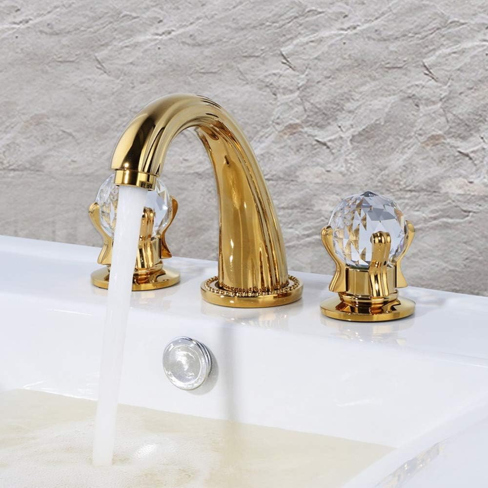 Grifo del fregadero del cuarto de baño 3 agujeros montado generalizado latón baño grifo cristal manija mezclador oro Ti-PVD (oro)
