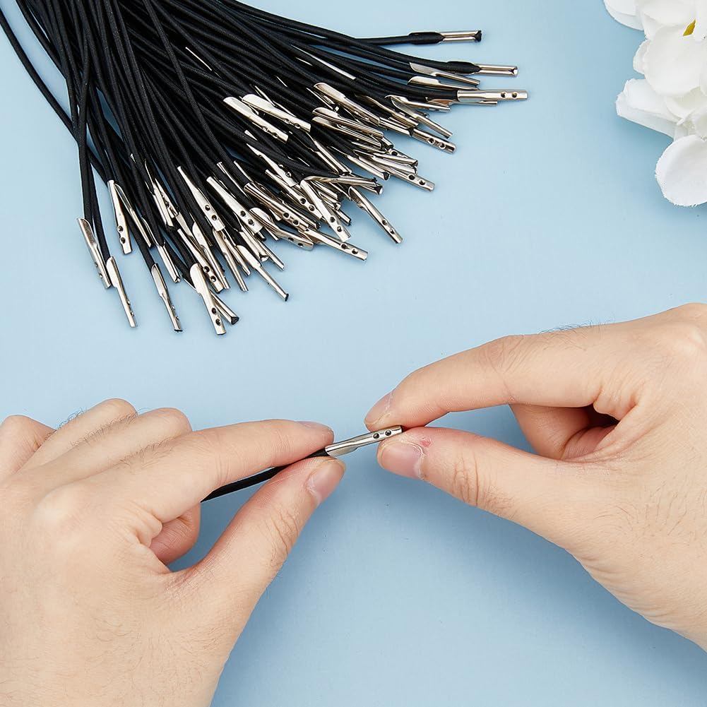 SUPERFINDINGS 100 unidades de cordón elástico negro de púas con extremos de metal, cordón elástico con púas, banda elástica con púas de metal para