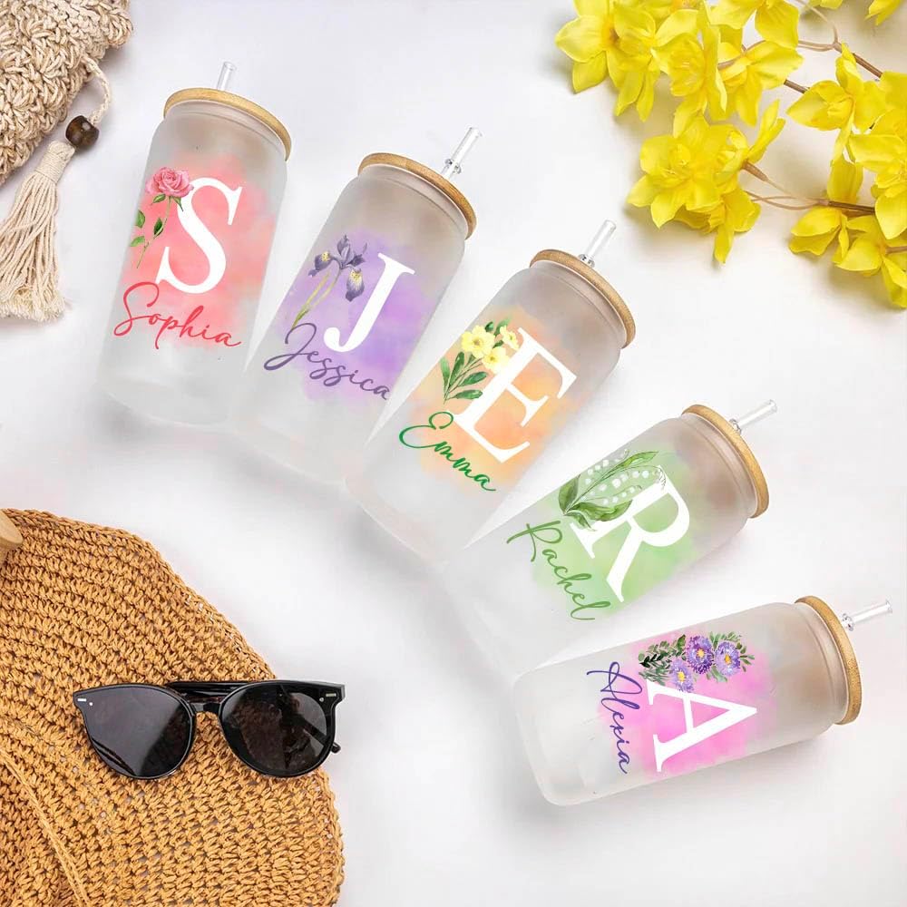 Vaso personalizado con nombre, regalo para ella, vaso delgado de 20 onzas, vaso de vidrio personalizado con nombre floral, vaso de dama de honor,