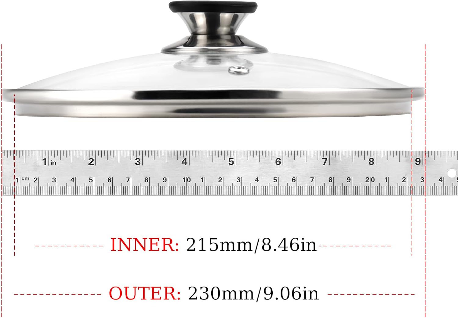 Tapa de vidrio templado de 9 pulgadas con orificio de ventilación de vapor, olla universal transparente de repuesto con perilla de soporte, borde de