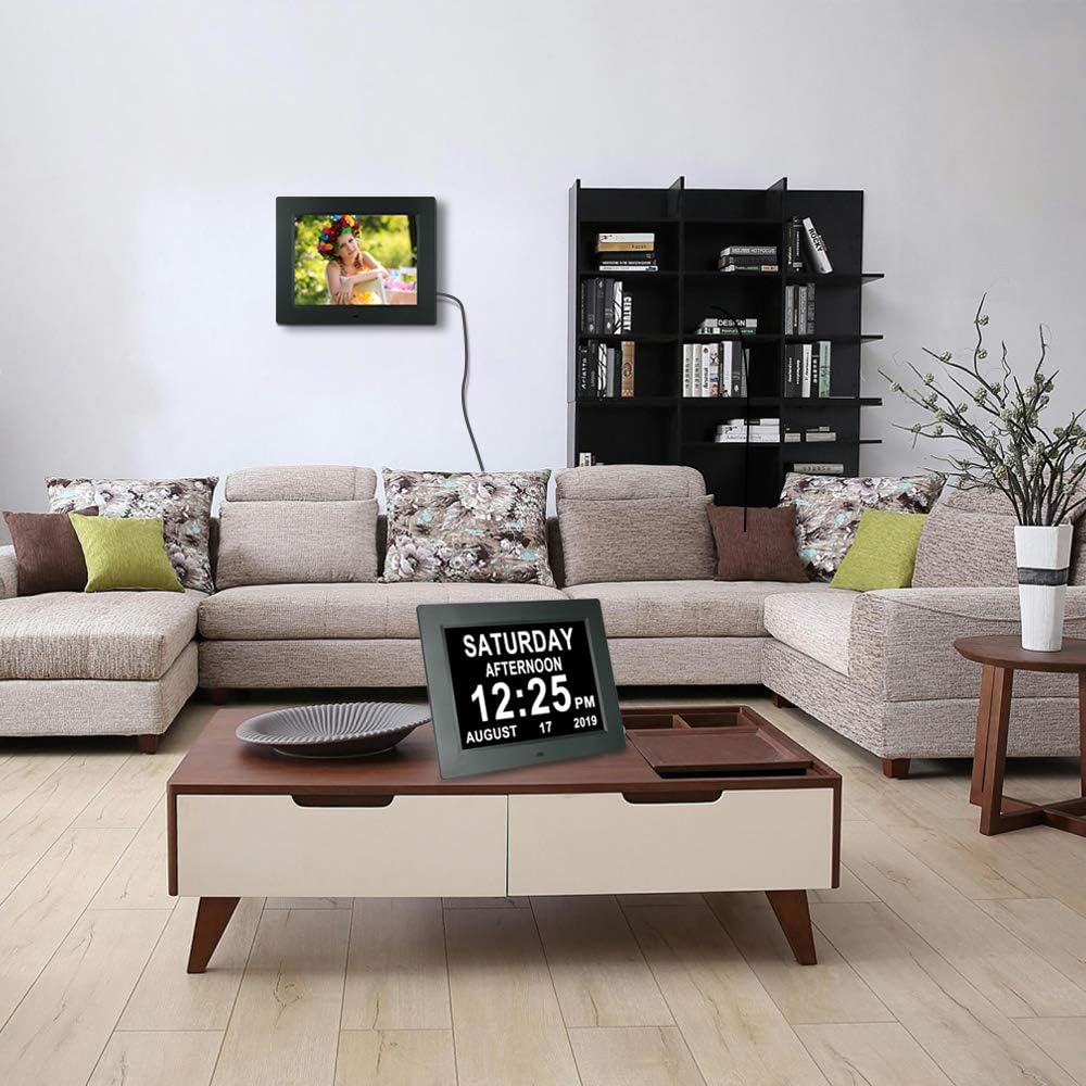 Actualizado de 10 pulgadas Reloj digital con calendario de día con atenuación automática y 8 opciones de alarma, fecha extragrande, hora, sin