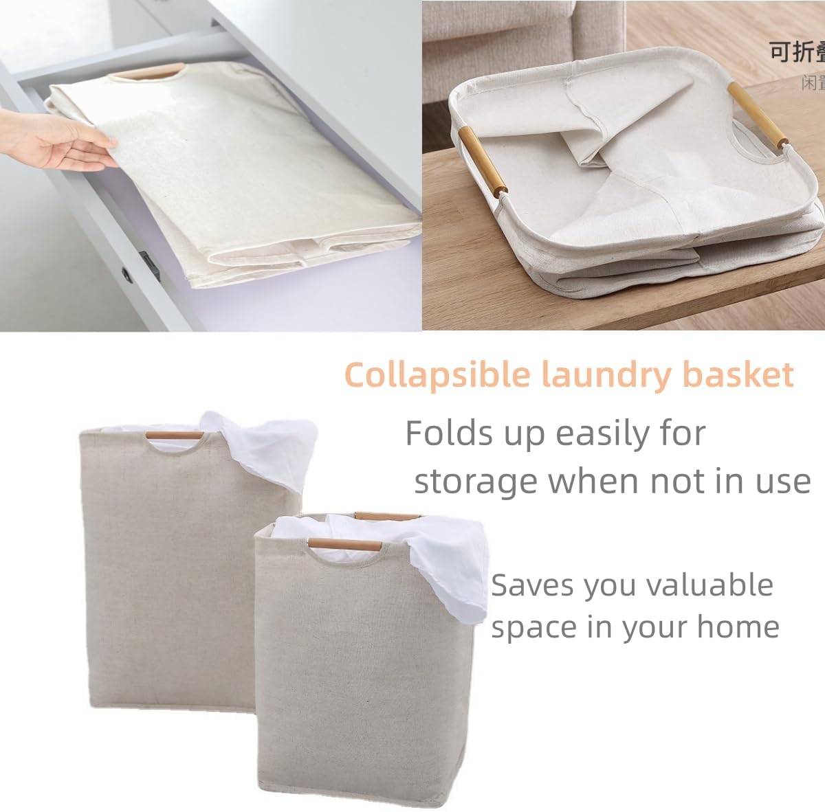 Cesta de lavandería impermeable de 100 L, cesta de lavandería extragrande con mango de madera, cesta de almacenamiento de ropa plegable para