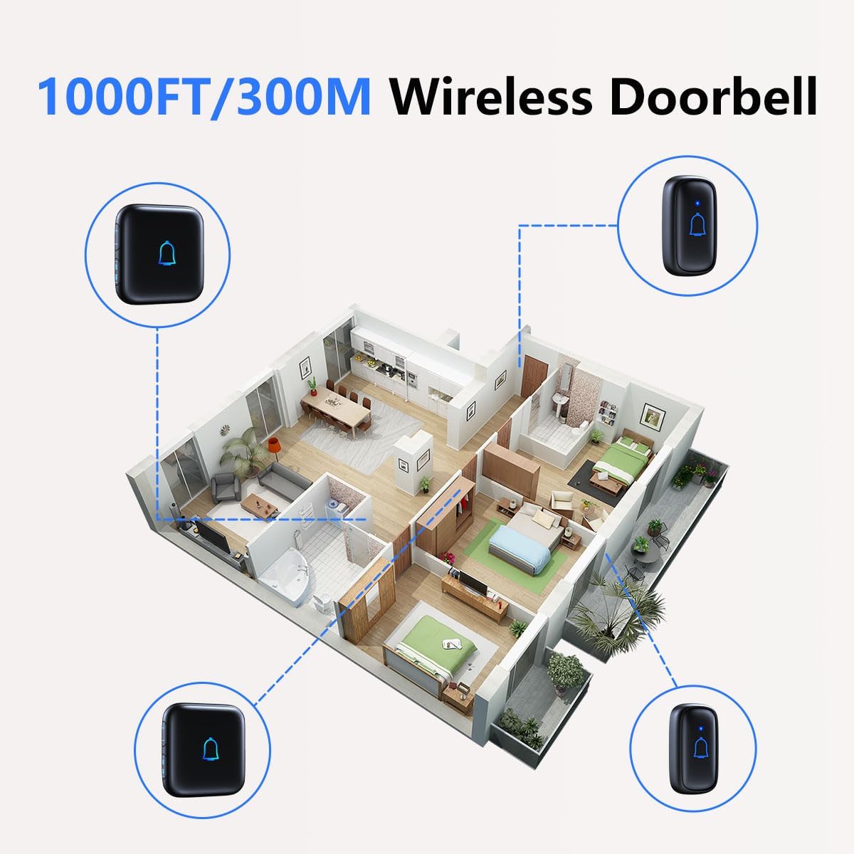 Timbre inalámbrico IP66 resistente al agua de 1000 pies con 56 timbres de 115 dB 7 niveles de volumen, modo de silencio con flash LED, timbre