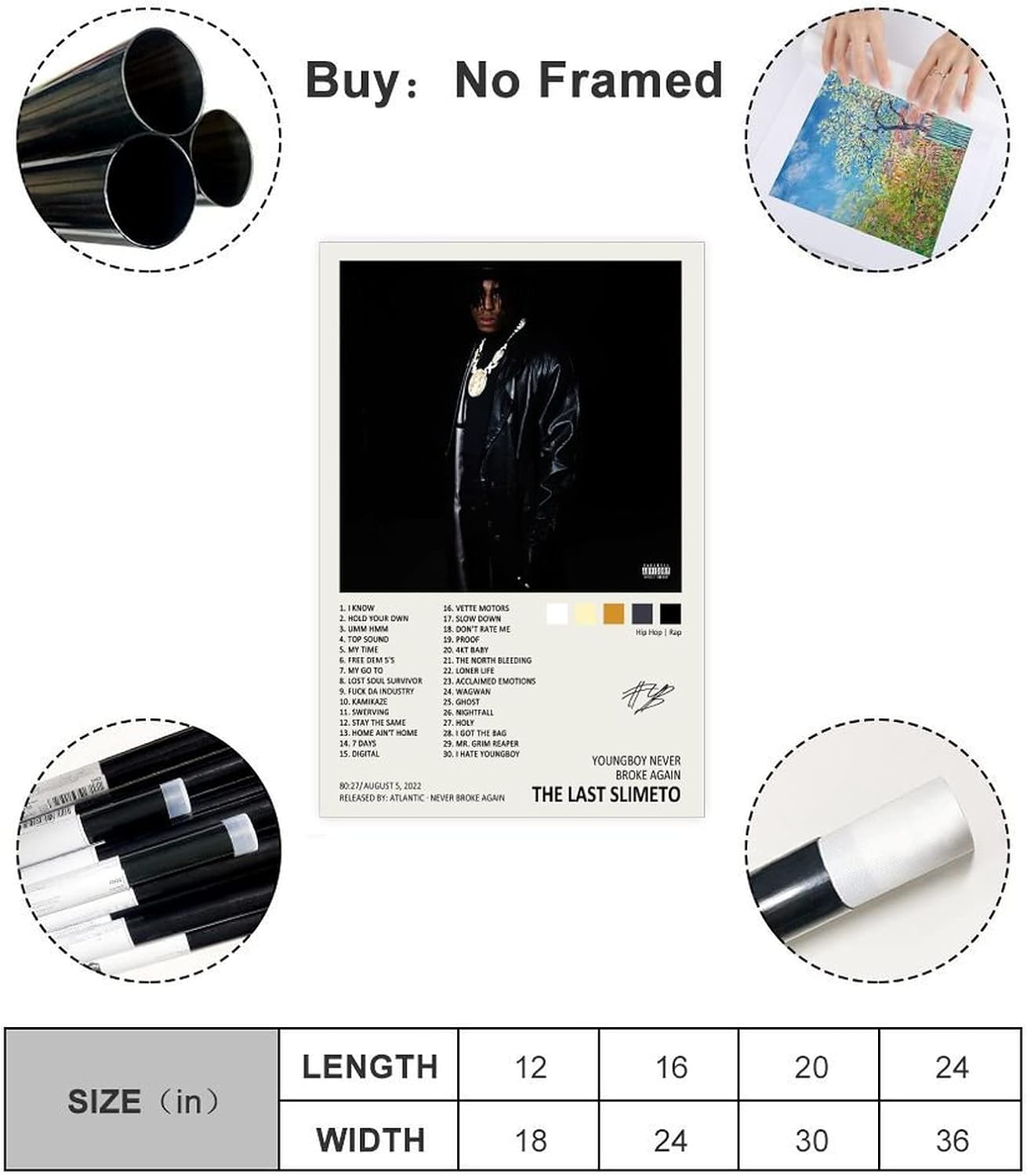 TOBIANG Póster de Youngboy The Last Slimeto – Póster de la portada del álbum de música firmado limitado, póster de lienzo para decoración de pared,