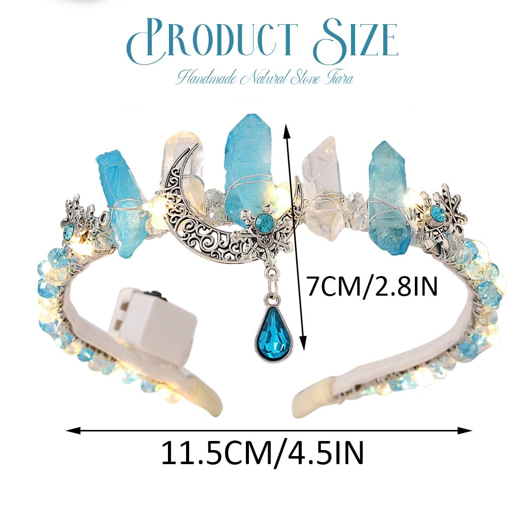 Aukmla Diadema de corona de cuarzo de cristal crudo azul iluminado, diadema de princesa con luz LED, tiara de piedras naturales, banda para el
