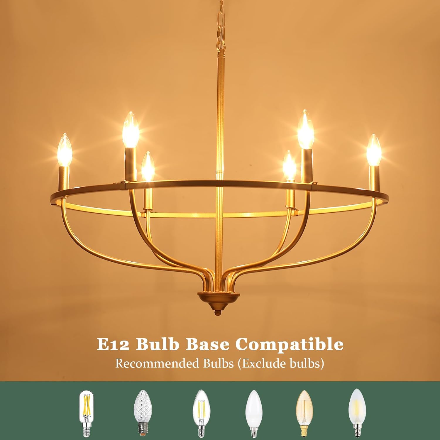 Lámpara de araña dorada con 6 luces, moderna para comedor, 28 pulgadas, redonda, industrial, vintage, sobre mesa, para cocina, isla y sala de estar