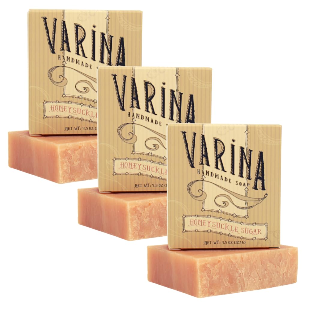 Varina Jabón natural en barra de azúcar madreselva  Limpieza suave para pieles sensibles, dulce y vainilla  Paquete de 3  Experimenta una piel sana