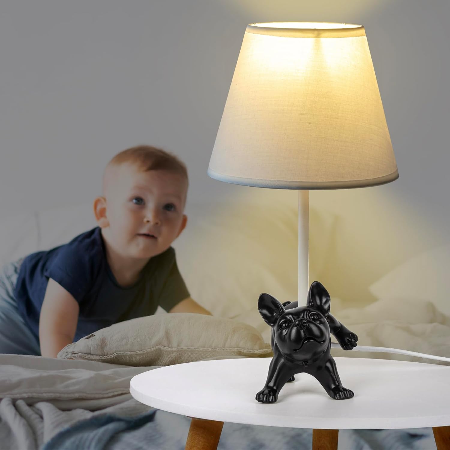 HERBESTBAY Lámpara de mesa para niños, adorable lámpara de escritorio estilo bulldog francés de 13 pulgadas, lámpara de noche de perro negro, ideal