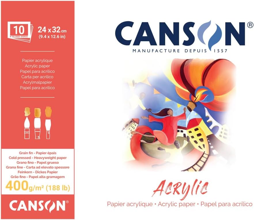 Canson Bloque de papel acrílico de 14.11 ozm que incluye 10 hojas, tamaño 9.4×12.6 in, textura de grano fino