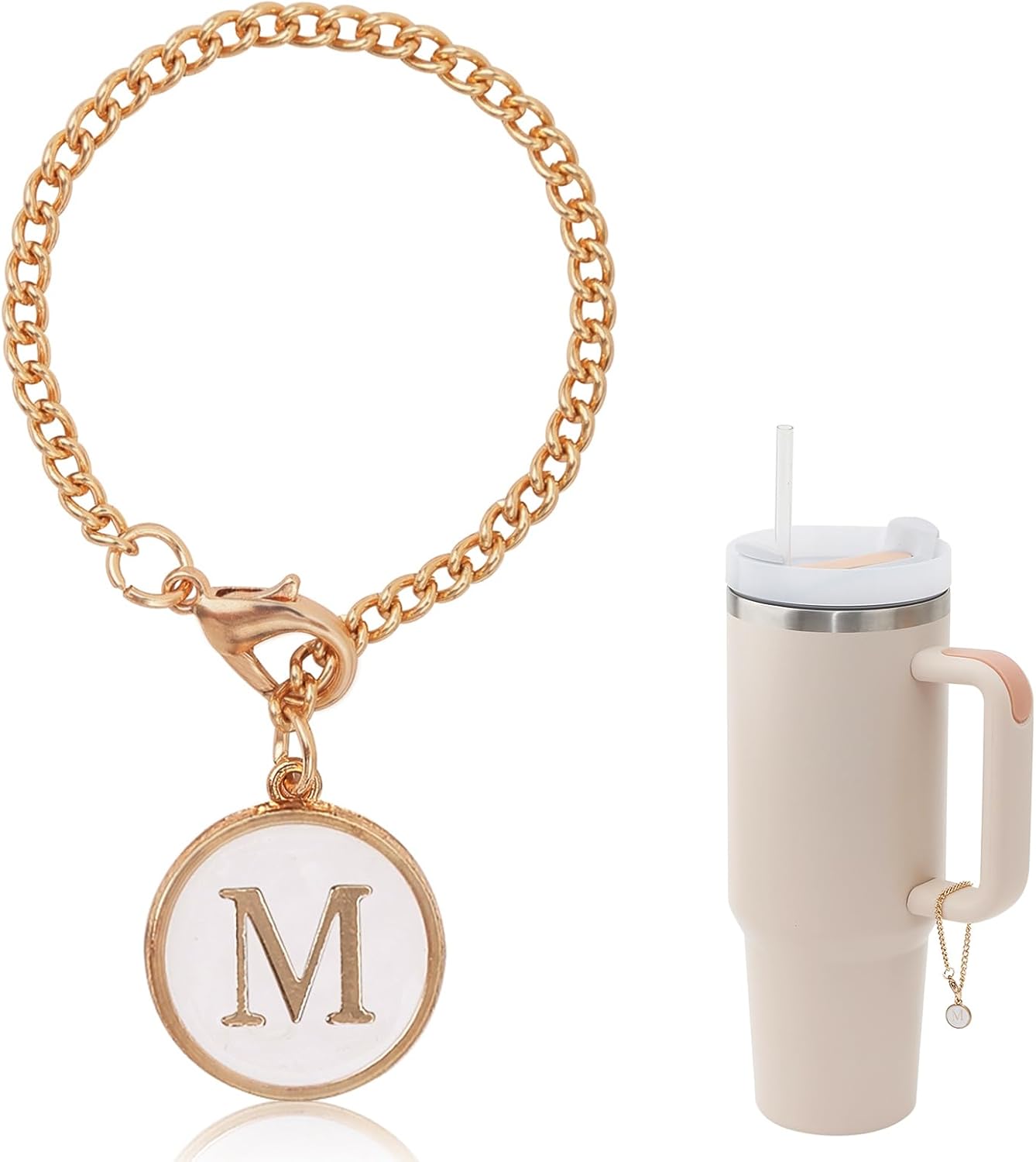 Yeti, accesorios de letras para taza Stanley, cadena con inicial dorada para botella de agua, con nombre y nombre para vaso, mango simple y moderno