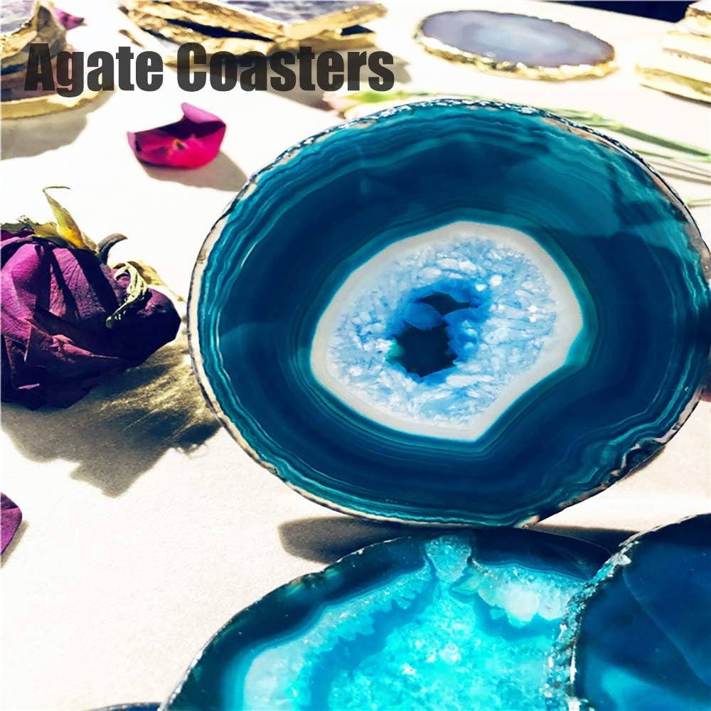 AMOYSTONE Juego de 4 posavasos de ágata verde azulado para bebidas, juego de 4 posavasos de cuarzo de cristal, rodajas de ágata con parachoques de