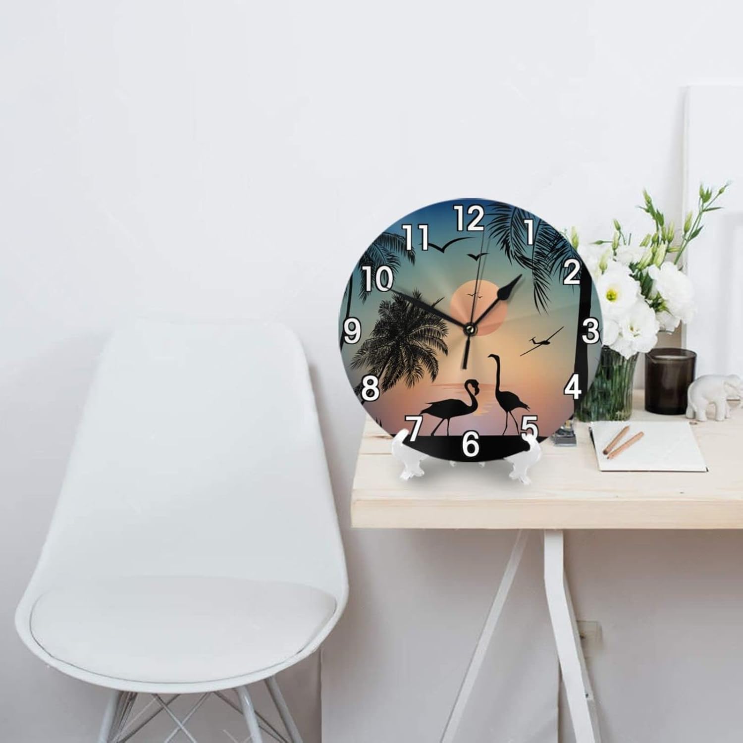 Flamingos Walk on the Sea Beach – Reloj de pared con pilas, reloj redondo silencioso para decoración de pared para el hogar, oficina, escuela, 12