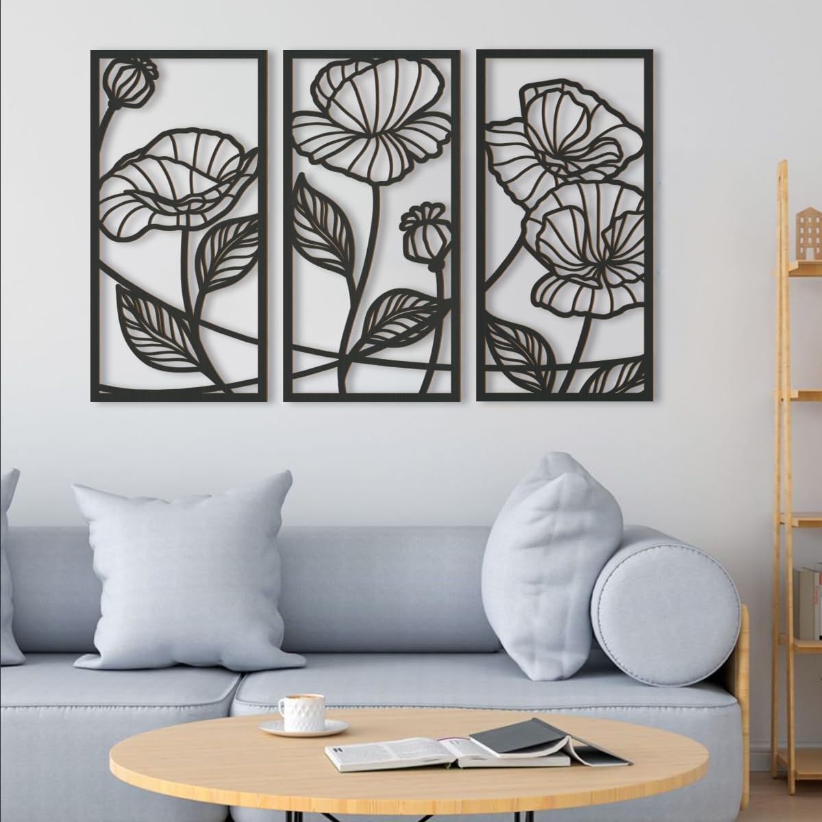 BINCUE Línea de arte de pared de madera minimalista negra, escultura moderna, decoración de pared de madera hueca 3D, 3 paneles, 16 x 32 pulgadas