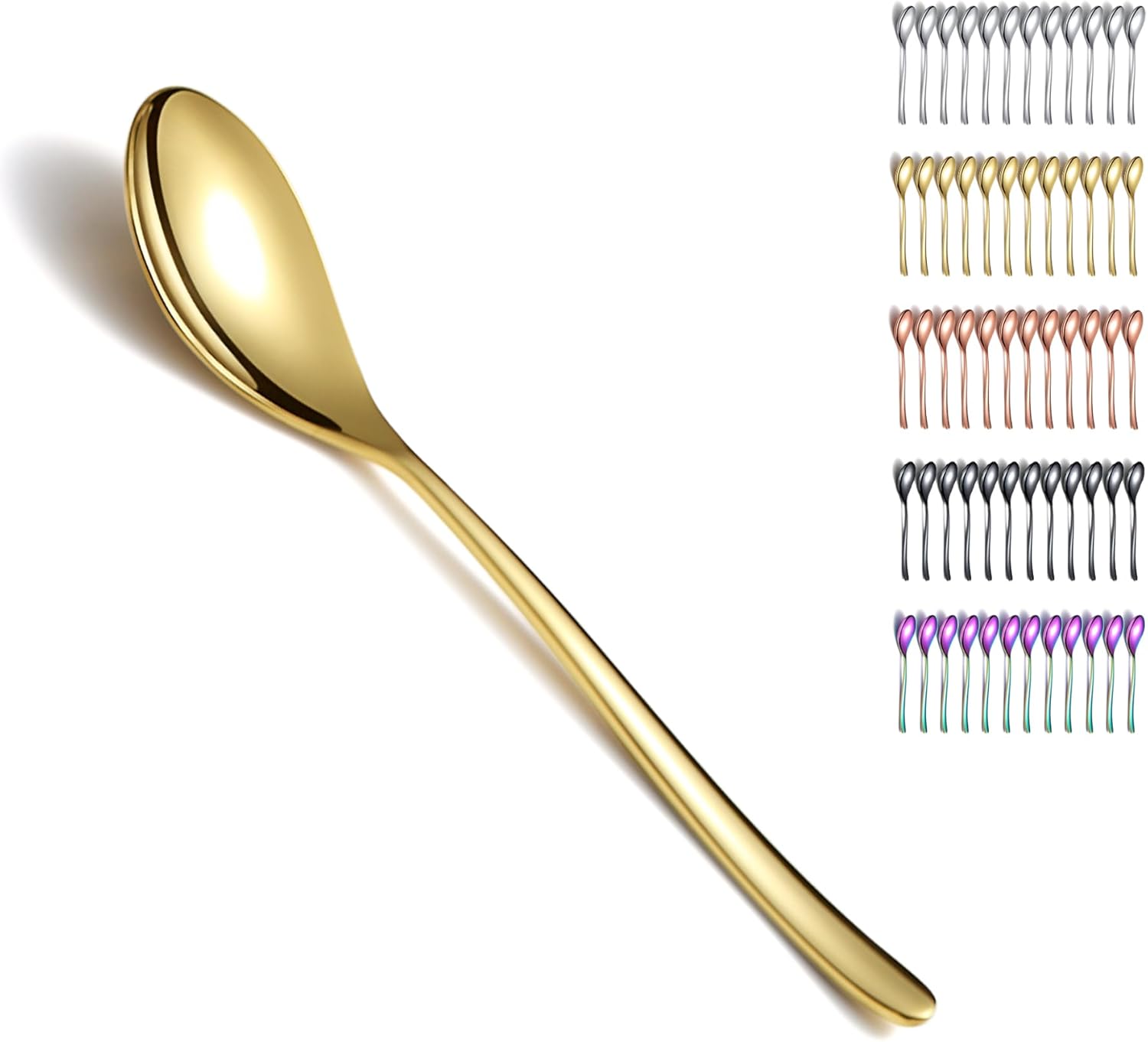 Kyraton Juego de 12 cucharas doradas de acero inoxidable chapado en oro de titanio de 8 pulgadas, cucharas de sopa, cucharas de cubiertos, apto para
