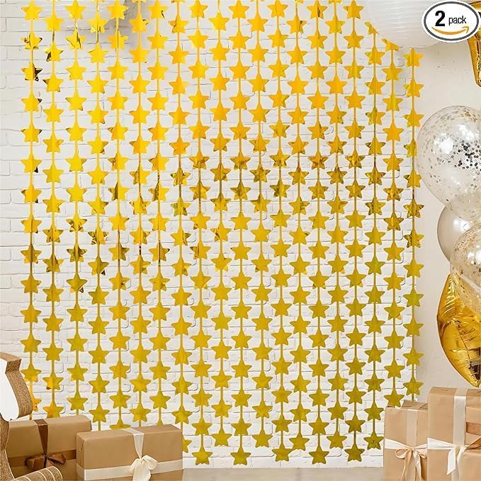 Cortinas de flecos de papel de aluminio con estrellas doradas, telón de fondo metálico, cortina de flecos de oropel de papel de aluminio para
