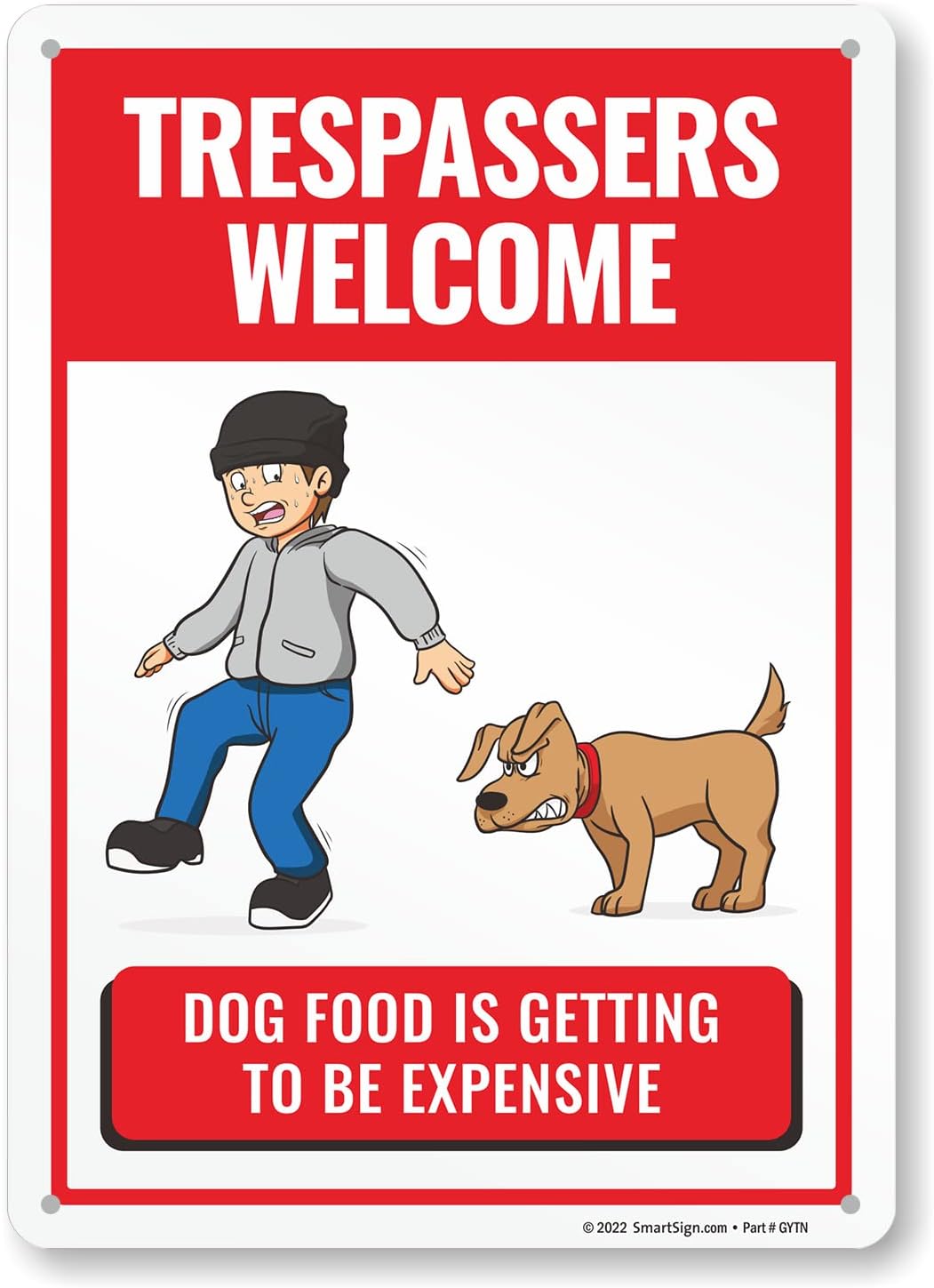 SmartSign Letrero de metal con texto en inglés “Trespassers Welcome – Dog Food Is Getting Expensive” de 14 x 10 pulgadas, aluminio laminado