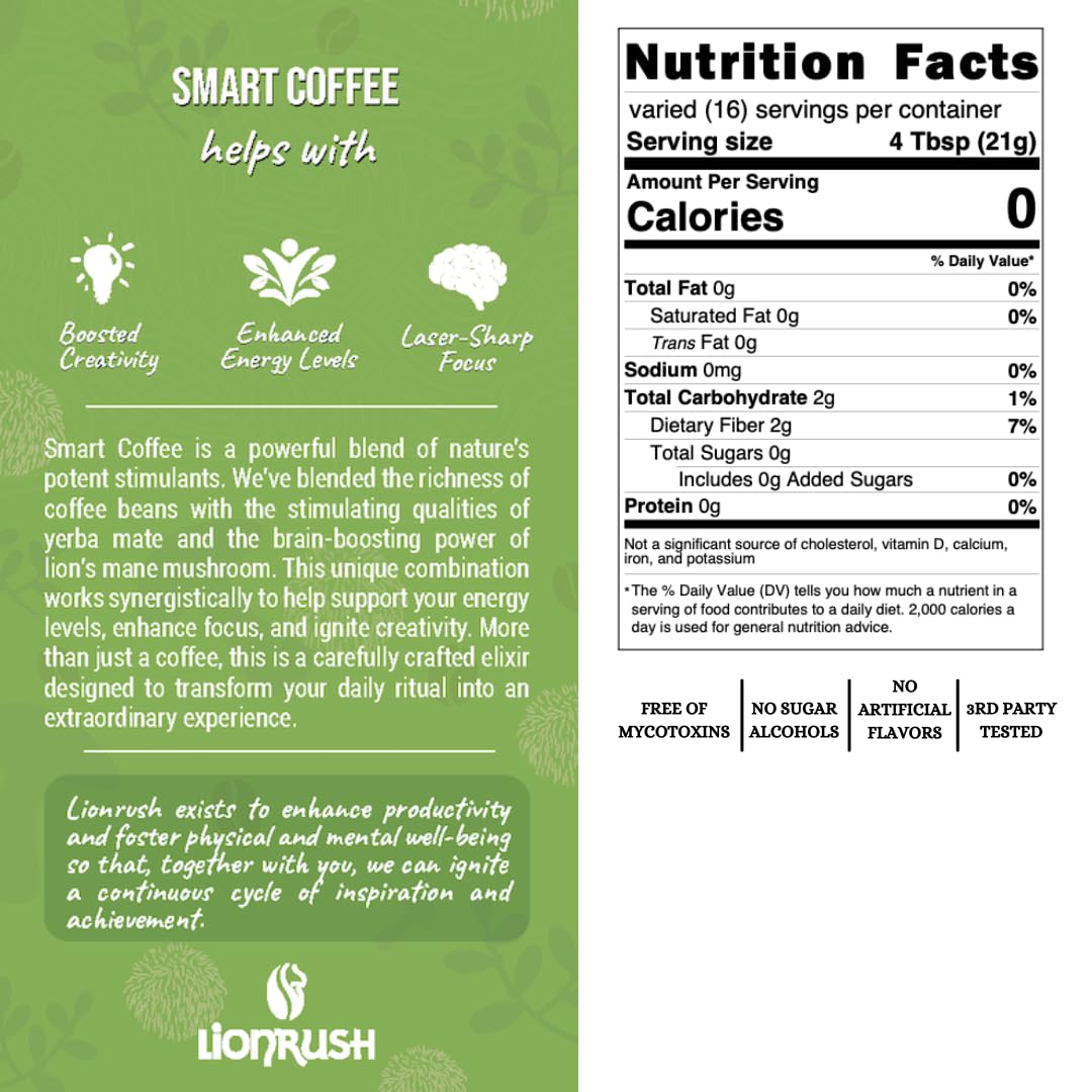 Lion Rush – Café Yerba Mate con hongo melena de león – Tostado oscuro molido mejorado – Aumenta la energía, la concentración y la creatividad – Bajo