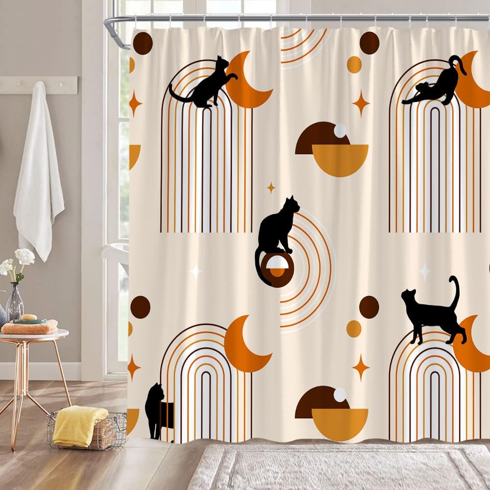 Cortina de ducha moderna de mediados de siglo, diseño retro atómico, gato negro, bohemio, arco iris, abstracto, geométrico, minimalista, divertido,