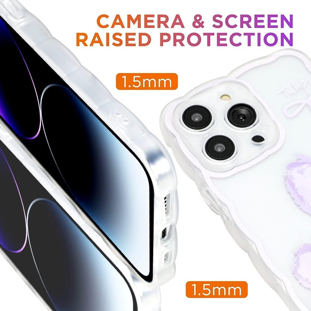 OOK Flower Designs – Funda transparente para iPhone 14 Pro Max, con protector de pantalla, bonito estampado de flores azules para niñas y mujeres,