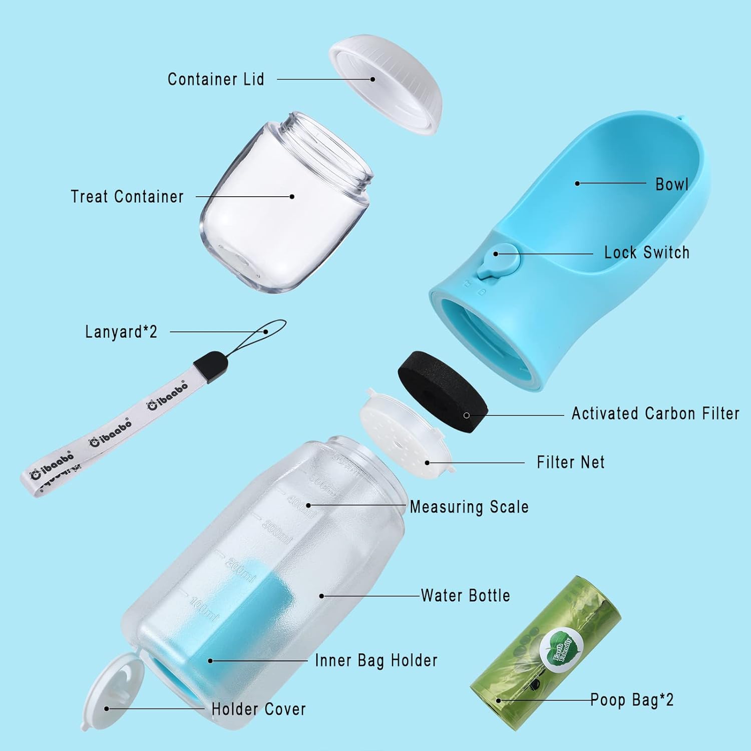 Cibaabo Botella de agua para perros con contenedor de alimentos y soporte para bolsa de excrementos, cuenco de agua de viaje, dispensador portátil
