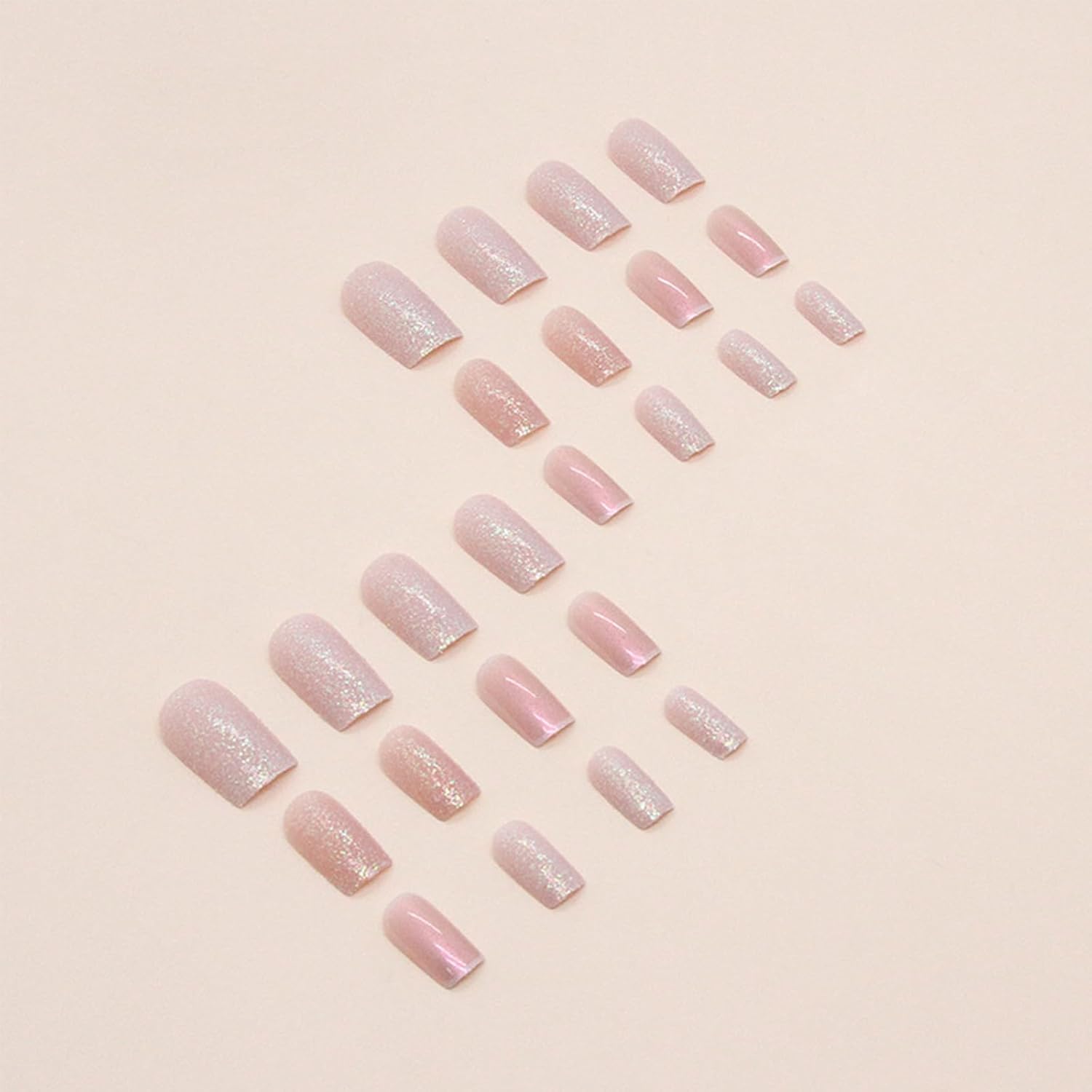 Uñas postizas cuadradas a presión, uñas postizas cortas con purpurina rosa con diseños de aurora, uñas acrílicas de cobertura completa, uñas