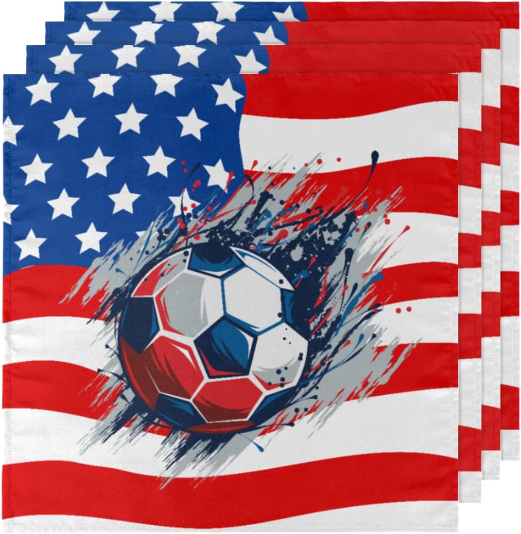Cloth Napkins Set of 6 American Flag Soccer 20×20 Inch Cloth Napkins Sports Ball Washable Reusable Kitchen Dinner Napkins Table Decor for Wedding,
