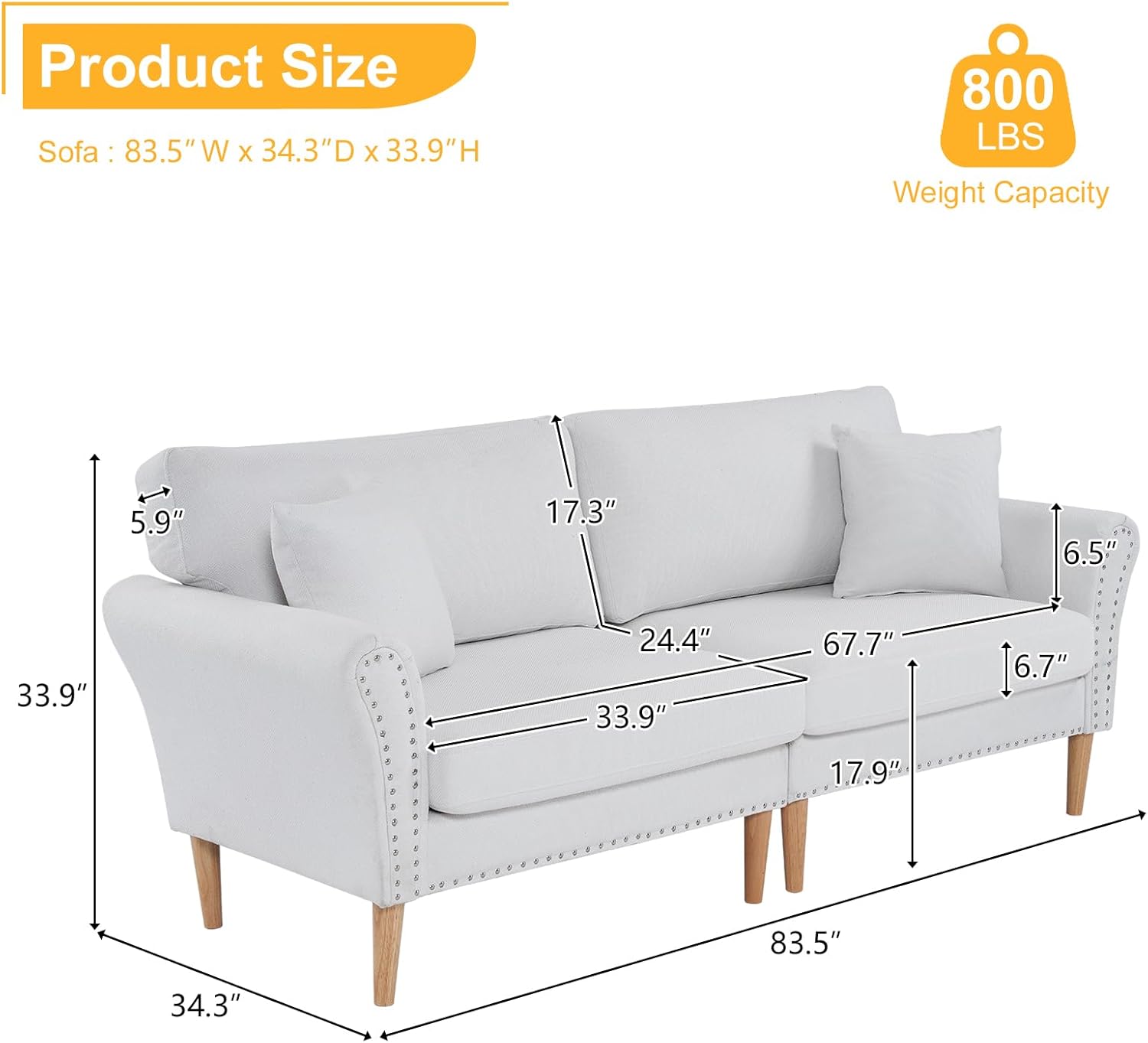 VINGLI Sofá moderno de asiento profundo de 83.5 pulgadas, cómodo sofá biplaza con ribete de clavos y patas de madera maciza, para sala de estar,